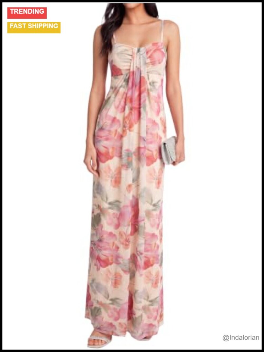 KUTUMAI Women's Floral Maxi Dress Stretch Mesh Bodycon Spaghetti Strap Wedding